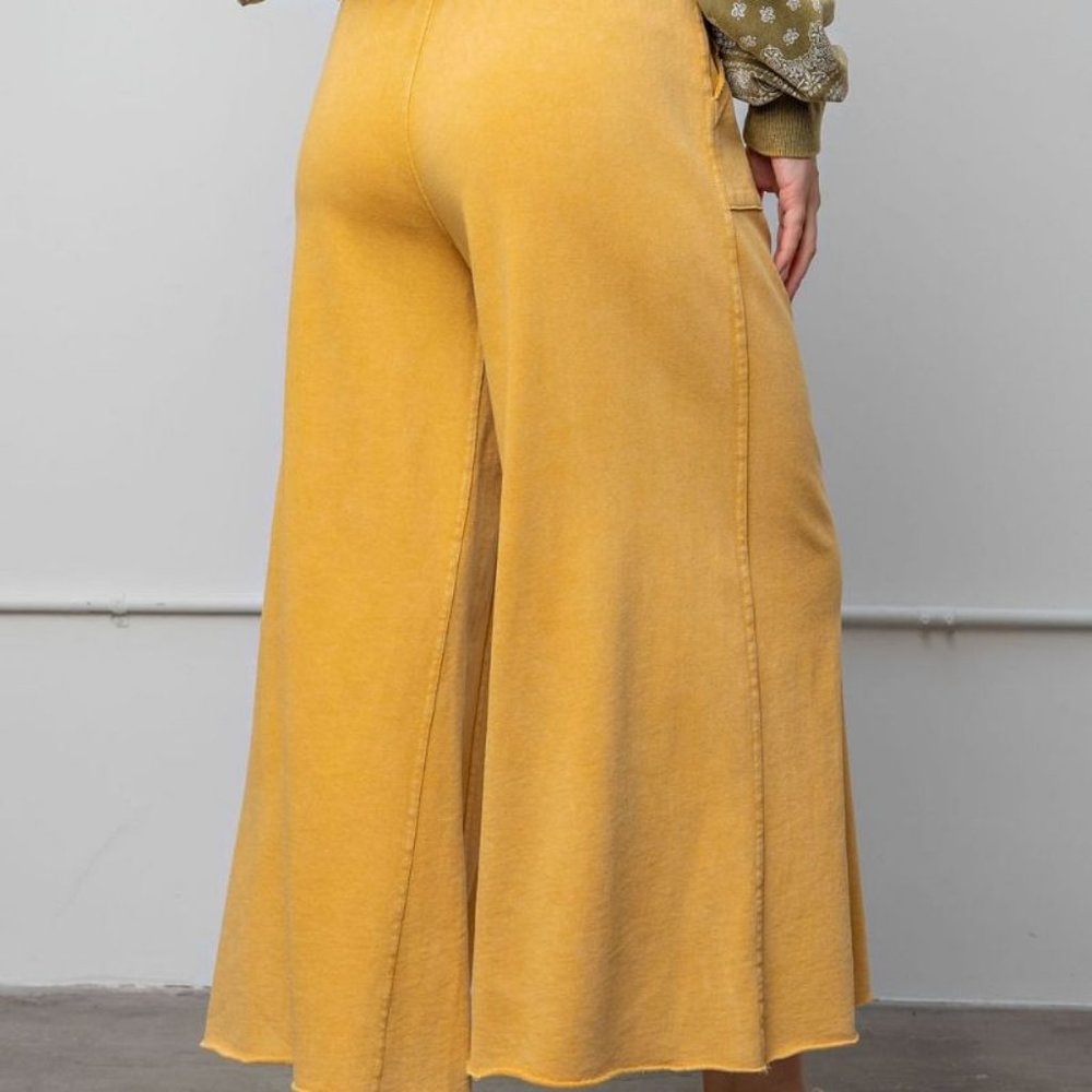 Easel Washed Terry Knit Wide Unfinished Trim Relaxed Mustard Pants - Picture 3 of 5